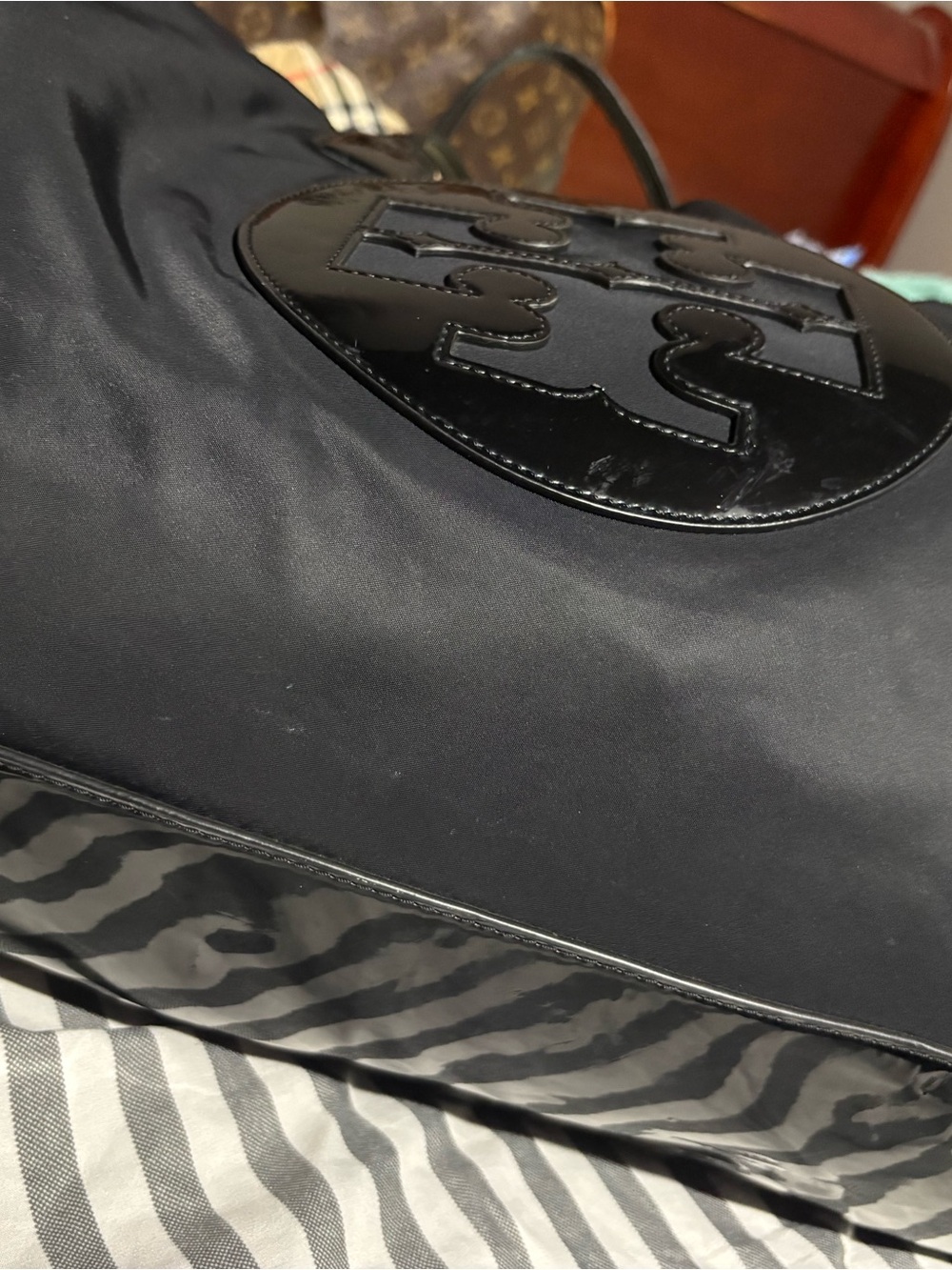 Tory Burch Black Nylon Tote with Patent Logo - Picture 2 of 3